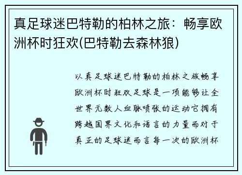 真足球迷巴特勒的柏林之旅：畅享欧洲杯时狂欢(巴特勒去森林狼)